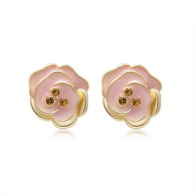 Pink Flower Jewelry Set - Gold - Plated Enamel Romantic Floral Design