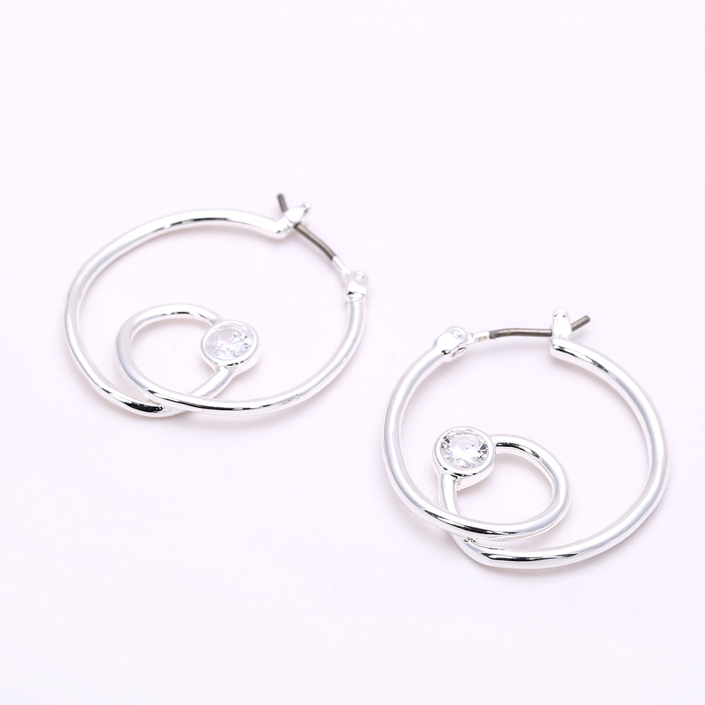 Silver Double - Hoop Earrings with Crystal Accent | Elegant Party Jewelry