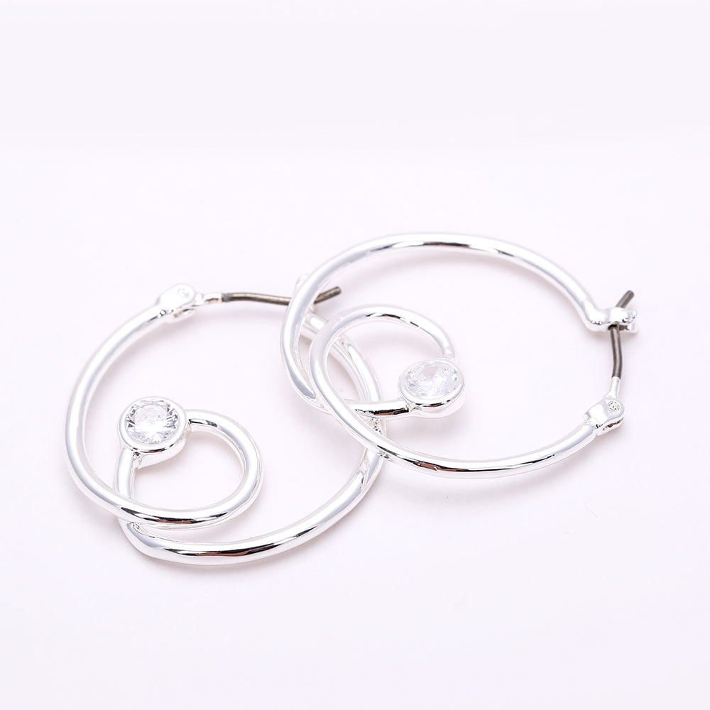 Silver Double - Hoop Earrings with Crystal Accent | Elegant Party Jewelry