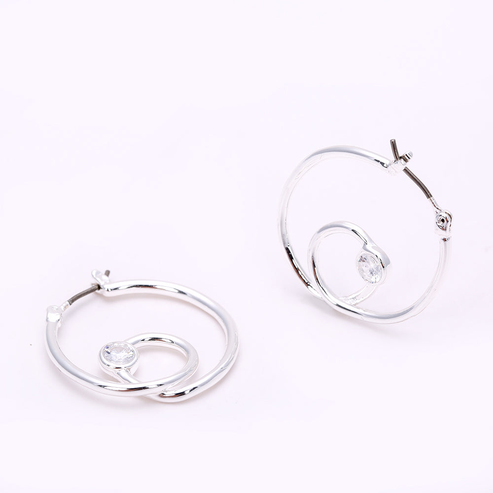 Silver Double - Hoop Earrings with Crystal Accent | Elegant Party Jewelry