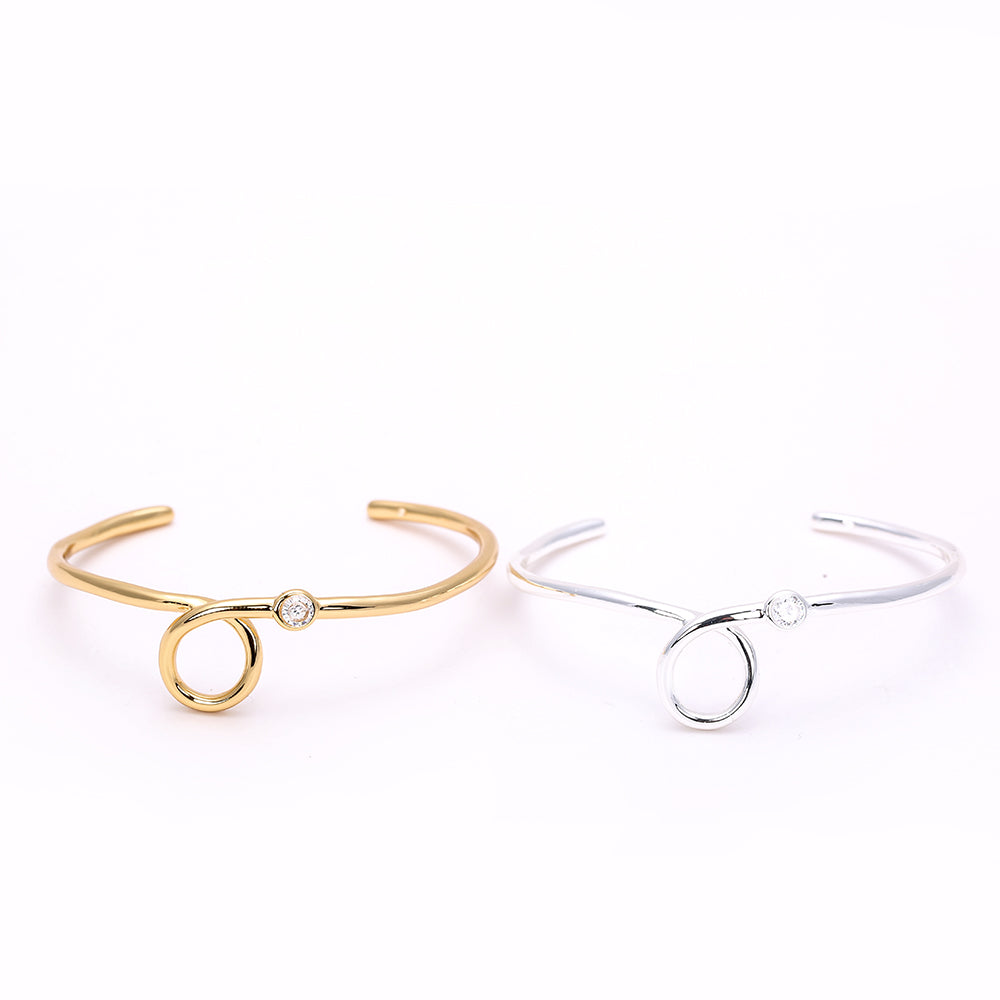 Minimalist Open Cuff Bracelet with Circle & Zircon Accent - Gold & Silver Styles