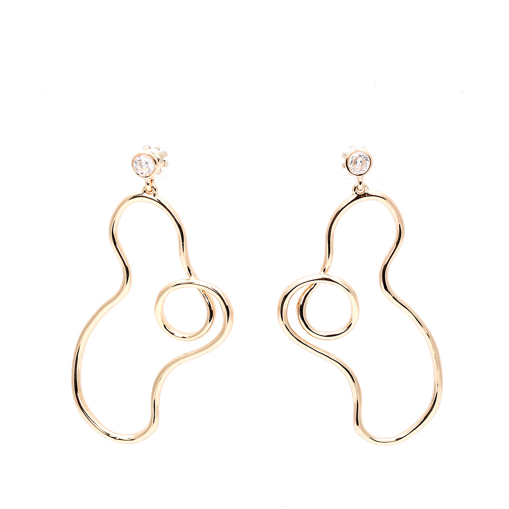 Gold Irregular Curved Drop Earrings with Zircon Accent