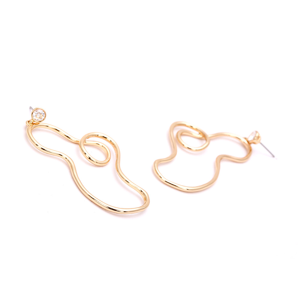 Gold Irregular Curved Drop Earrings with Zircon Accent