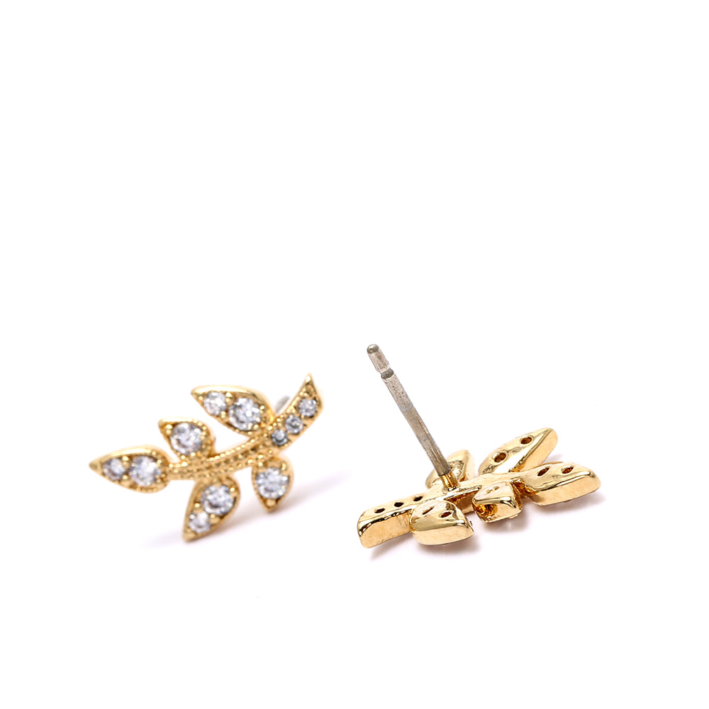 Gold - Plated Leaf - Shaped Stud Earrings with Sparkling Cubic Zirconia