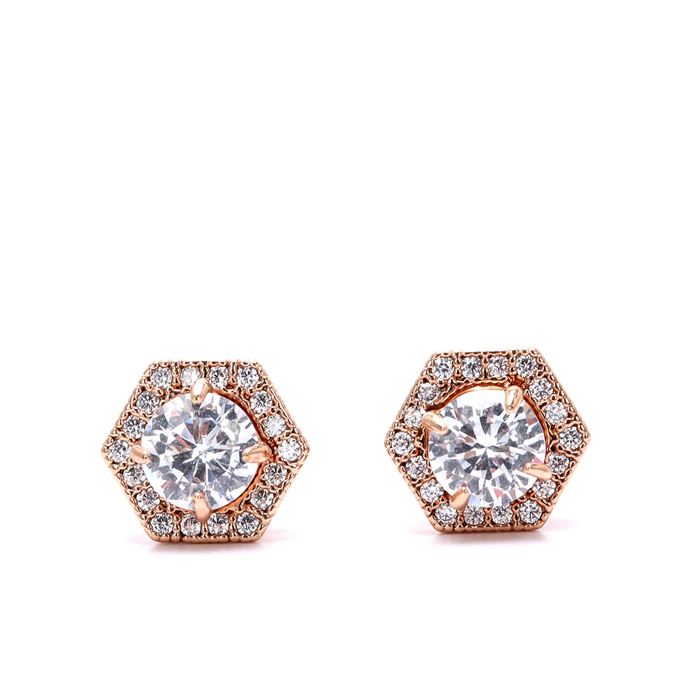 Hexagonal Rose Gold - Plated Stud Earrings with Sparkling Cubic Zirconia