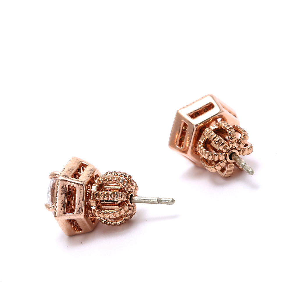 Hexagonal Rose Gold - Plated Stud Earrings with Sparkling Cubic Zirconia