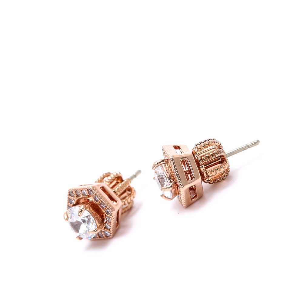 Hexagonal Rose Gold - Plated Stud Earrings with Sparkling Cubic Zirconia