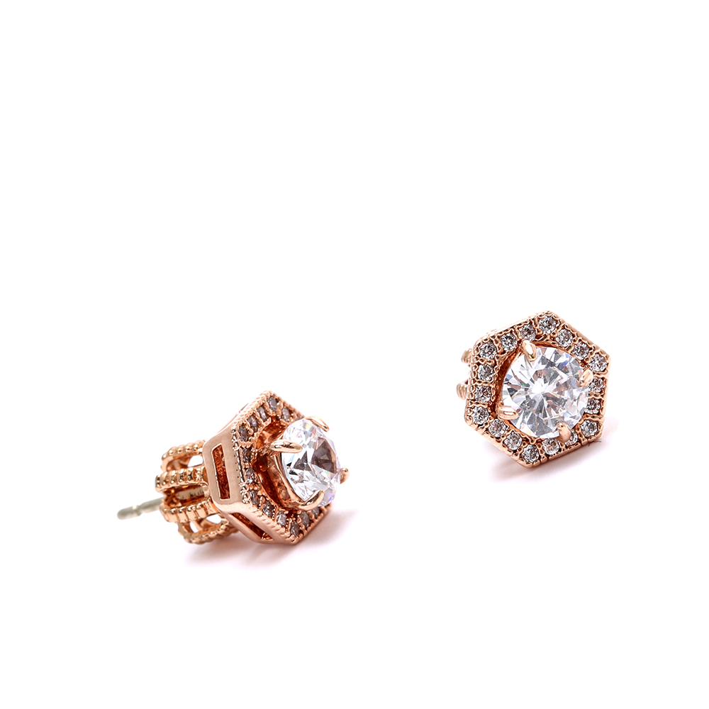 Hexagonal Rose Gold - Plated Stud Earrings with Sparkling Cubic Zirconia