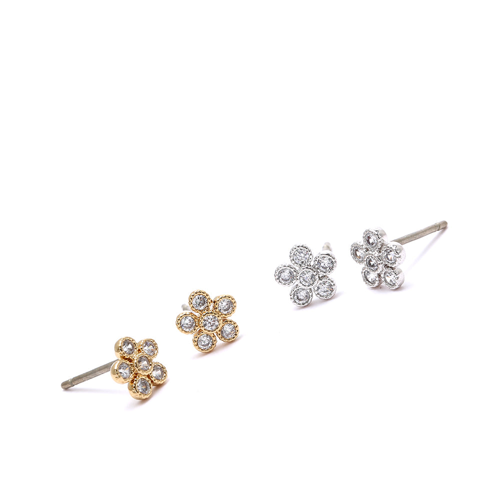 Gold/Silver Plated- Toned Floral Stud Earrings with Cubic Zicrone