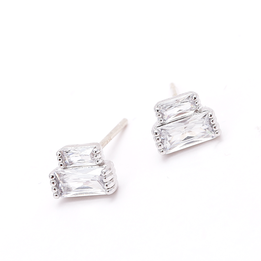 Double - Rectangle Zircon Silver - Plated Stud Earrings