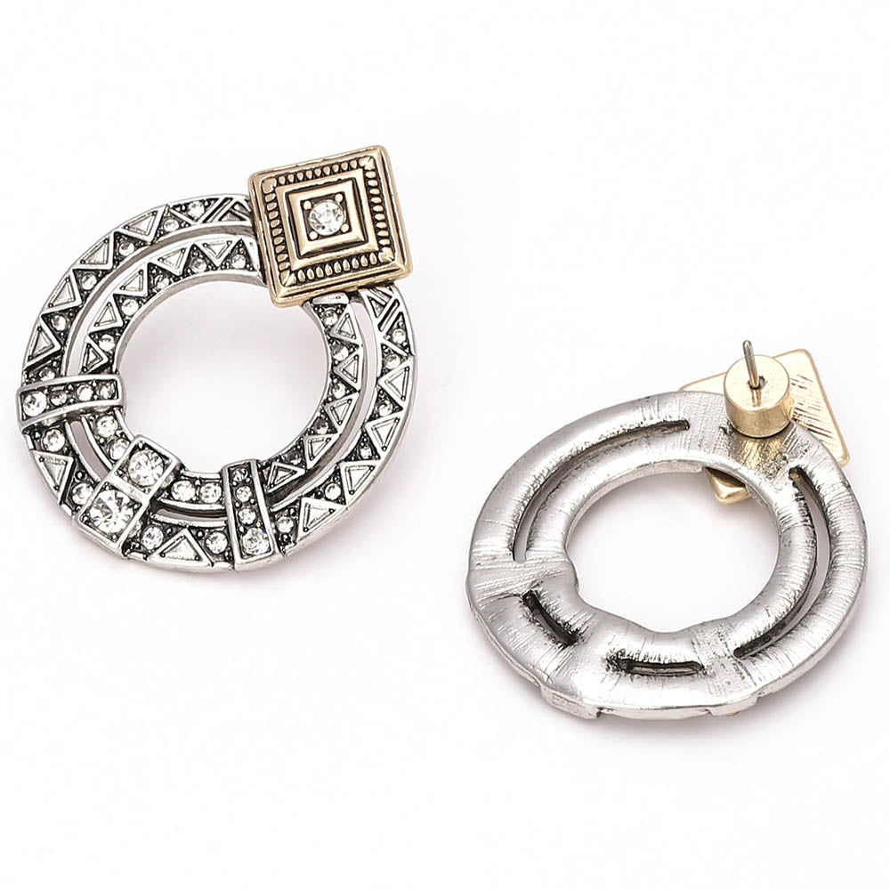Vintage Geometric Circle Earrings with Rhinestones - Two - Tone Square Accent Fashion Jewelry