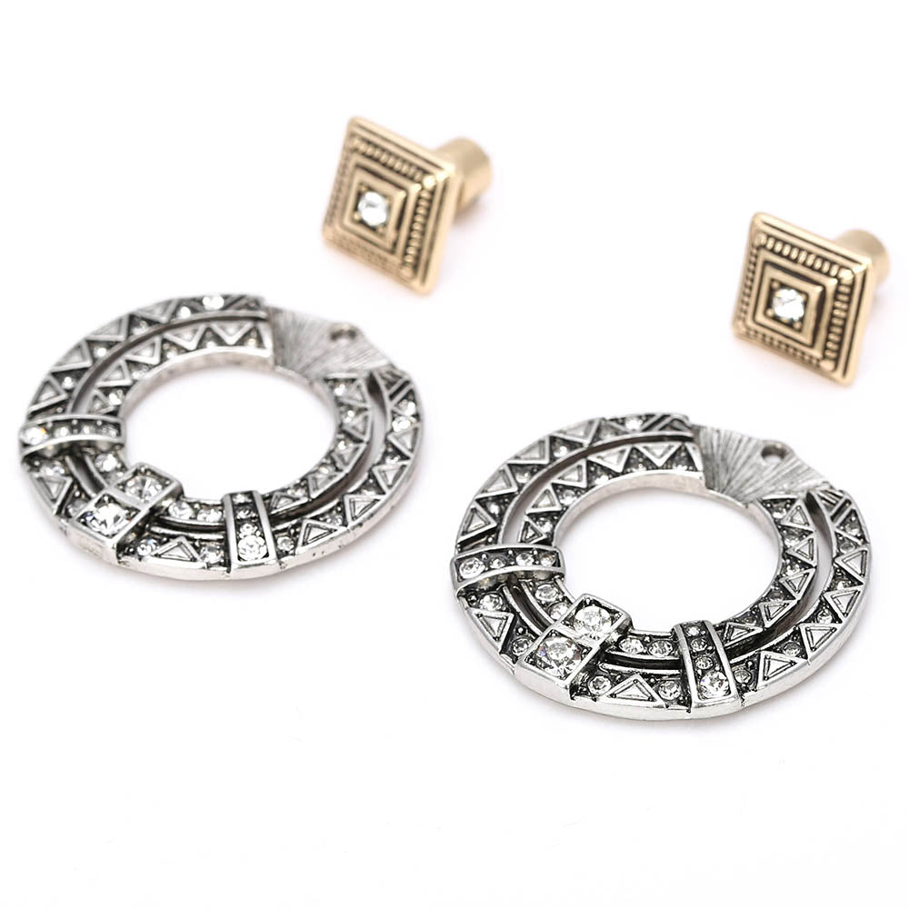 Vintage Geometric Circle Earrings with Rhinestones - Two - Tone Square Accent Fashion Jewelry