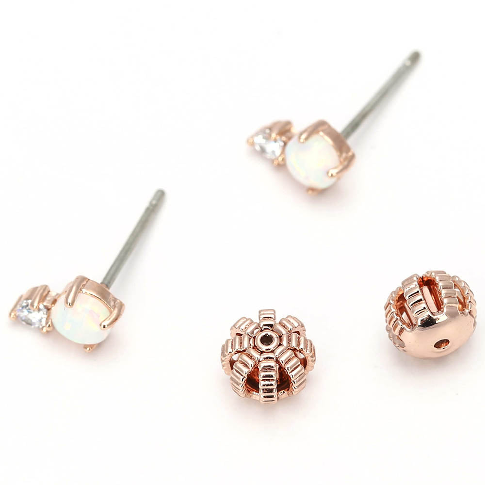 Opal & Zircon Rose Gold Stud Earrings - Delicate Gemstone Jewelry