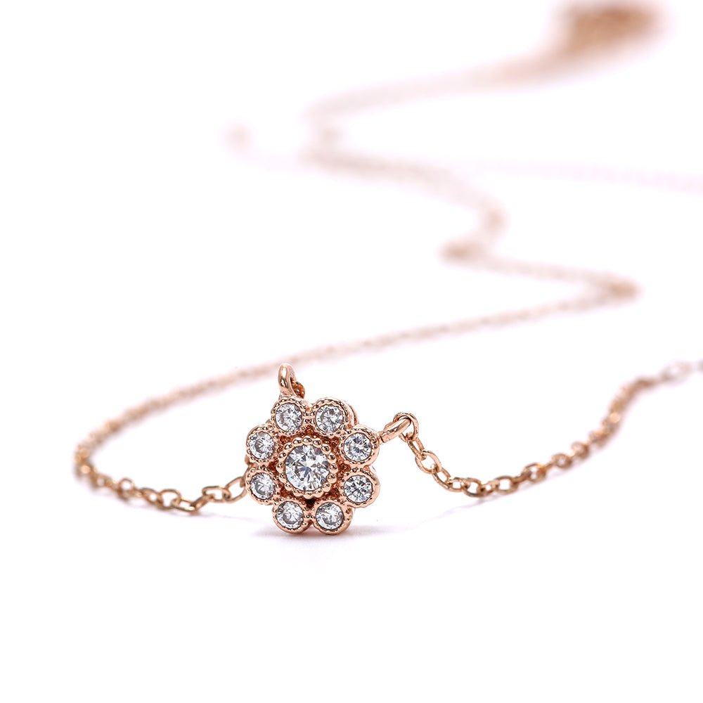 Rose Gold Plated Flower Necklace with Sparkling Cubic Zirconia