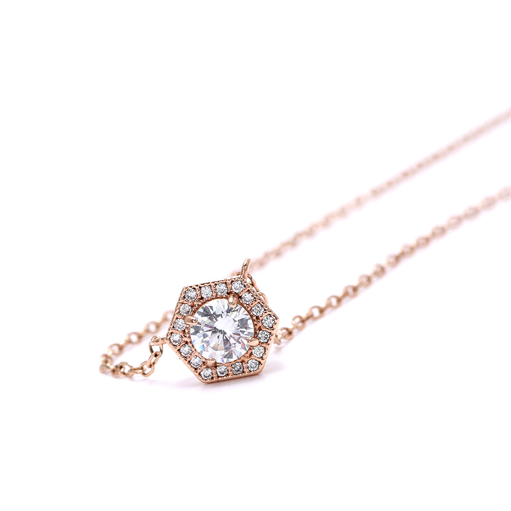 Hexagonal Rose Gold - Plated Necklace with Sparkling Cubic Zirconia