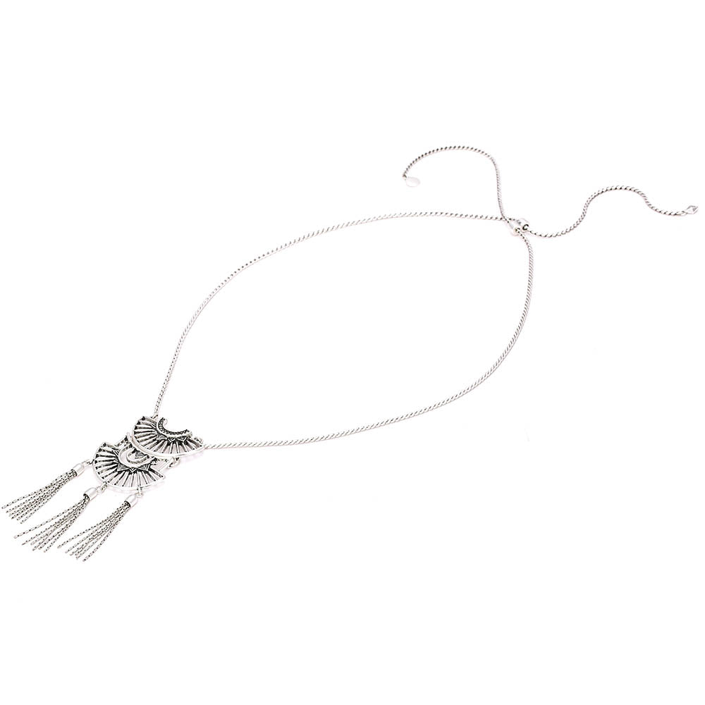 Bohemian Silver - Tassel Fan - Shaped Pendant Necklace