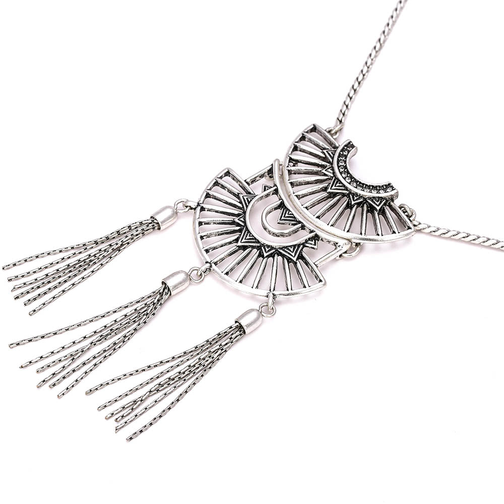 Bohemian Silver - Tassel Fan - Shaped Pendant Necklace