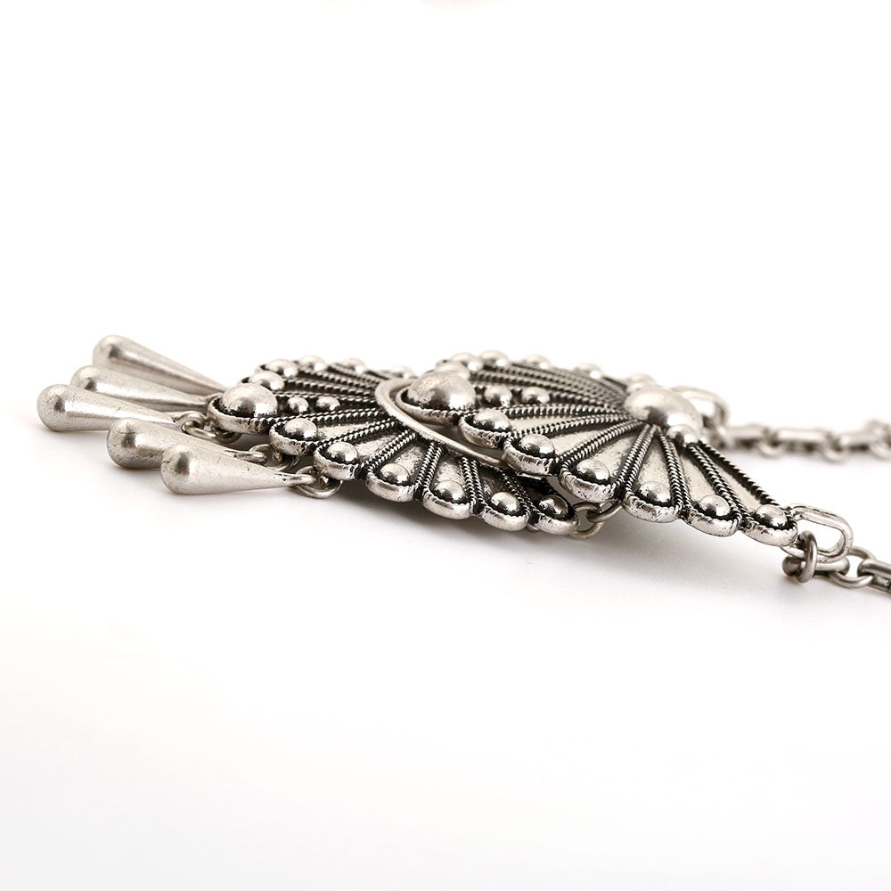 Bohemian Silver Filigree Fan Pendant Necklace - Vintage Tassel Design Statement Jewelry