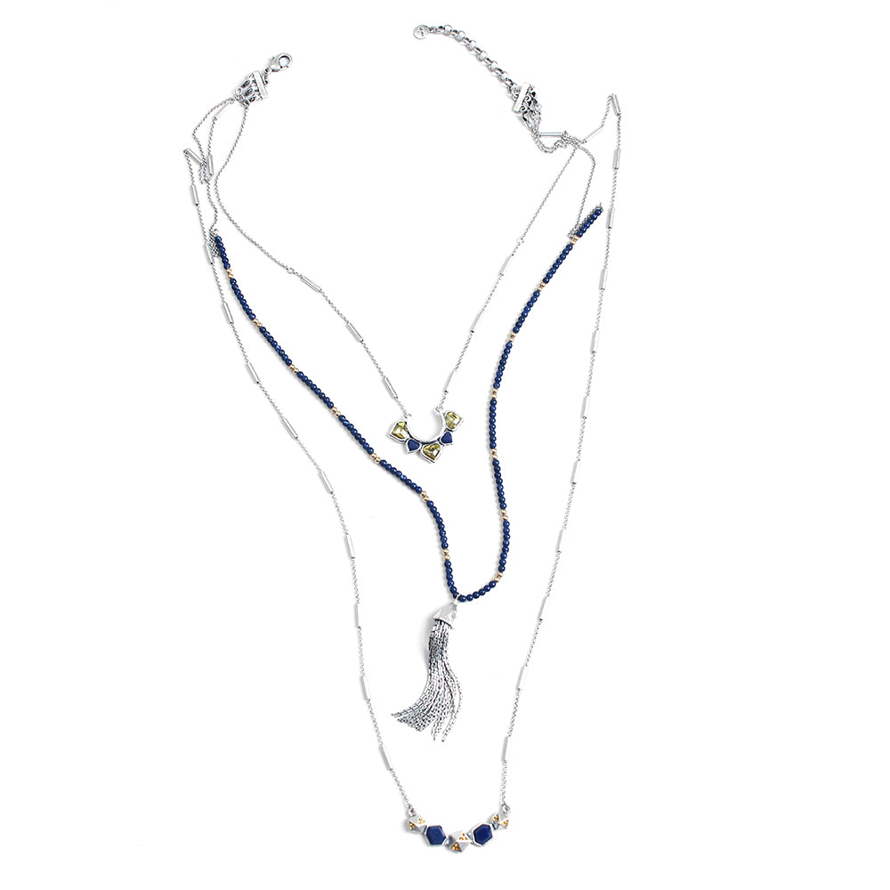 Layered Lapis Lazuli & Silver Statement Necklace Set - Boho Chic Jewelry for Women