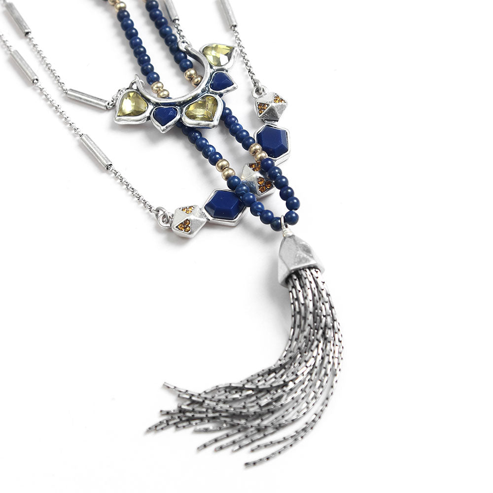 Layered Lapis Lazuli & Silver Statement Necklace Set - Boho Chic Jewelry for Women