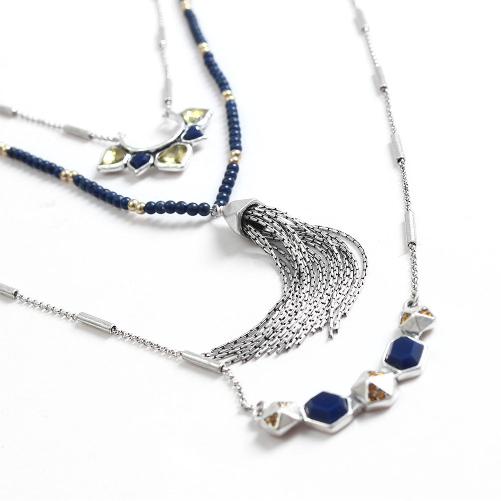 Layered Lapis Lazuli & Silver Statement Necklace Set - Boho Chic Jewelry for Women