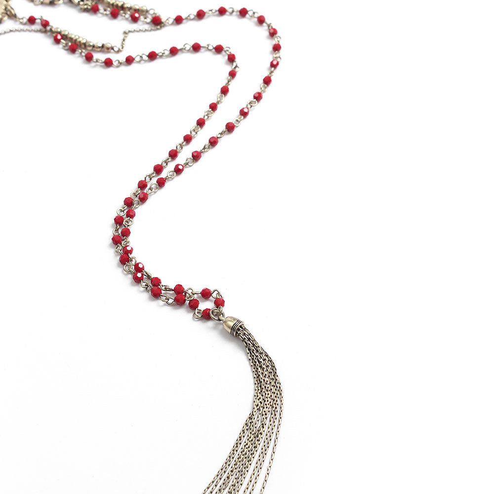 Bohemian Layered Red Bead & Tassel Necklace - Vintage Style Statement Jewelry