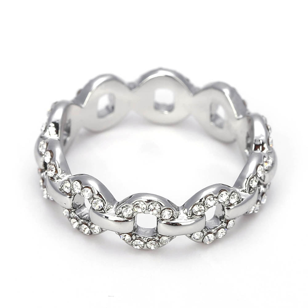 Silver - Toned Chain Link Ring with Crystal Accents