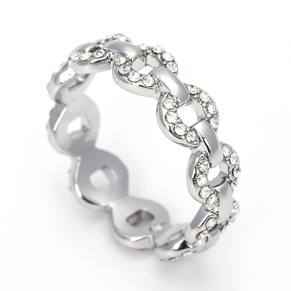 Silver - Toned Chain Link Ring with Crystal Accents