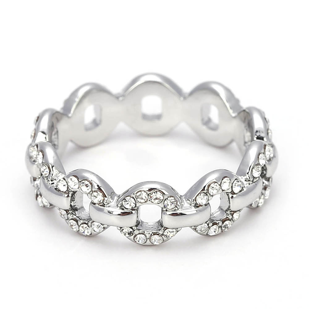 Silver - Toned Chain Link Ring with Crystal Accents