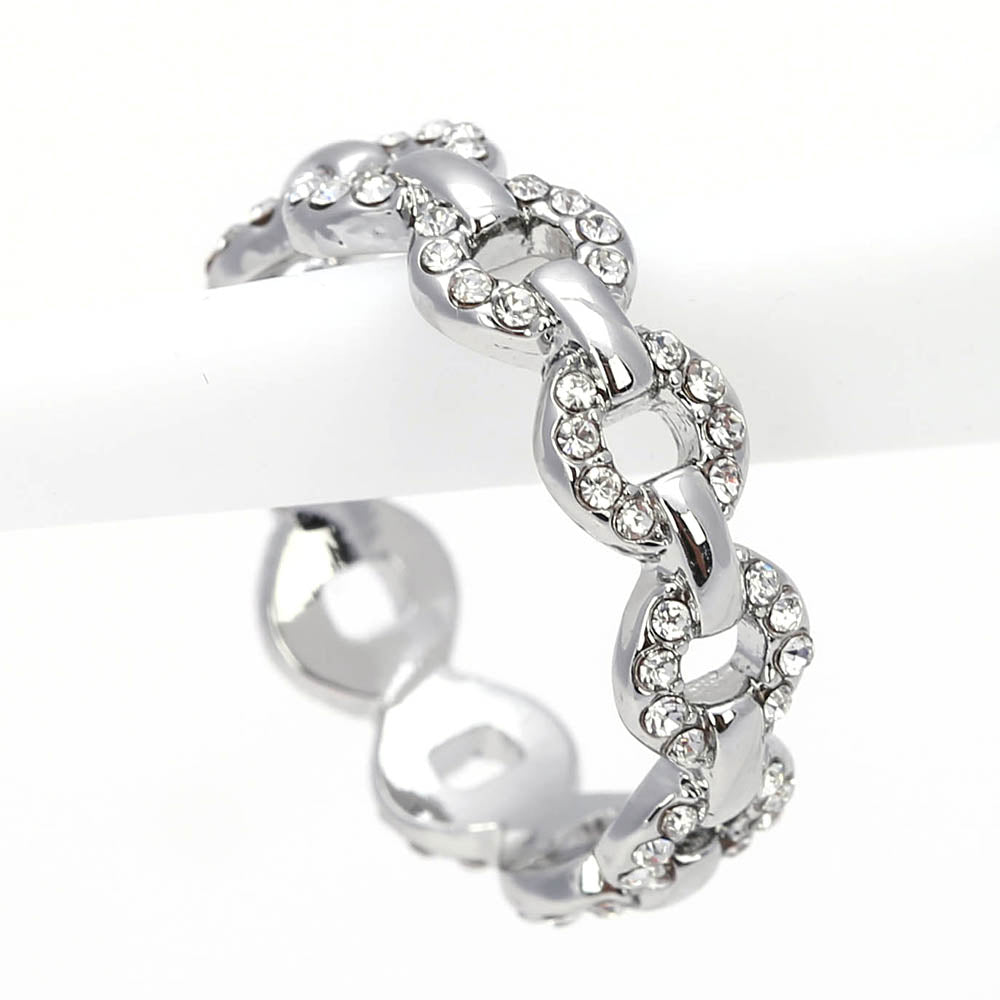 Silver - Toned Chain Link Ring with Crystal Accents