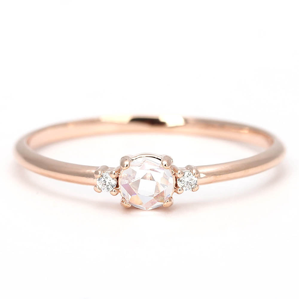 Dainty Rose Gold Solitaire Ring with Side Stones