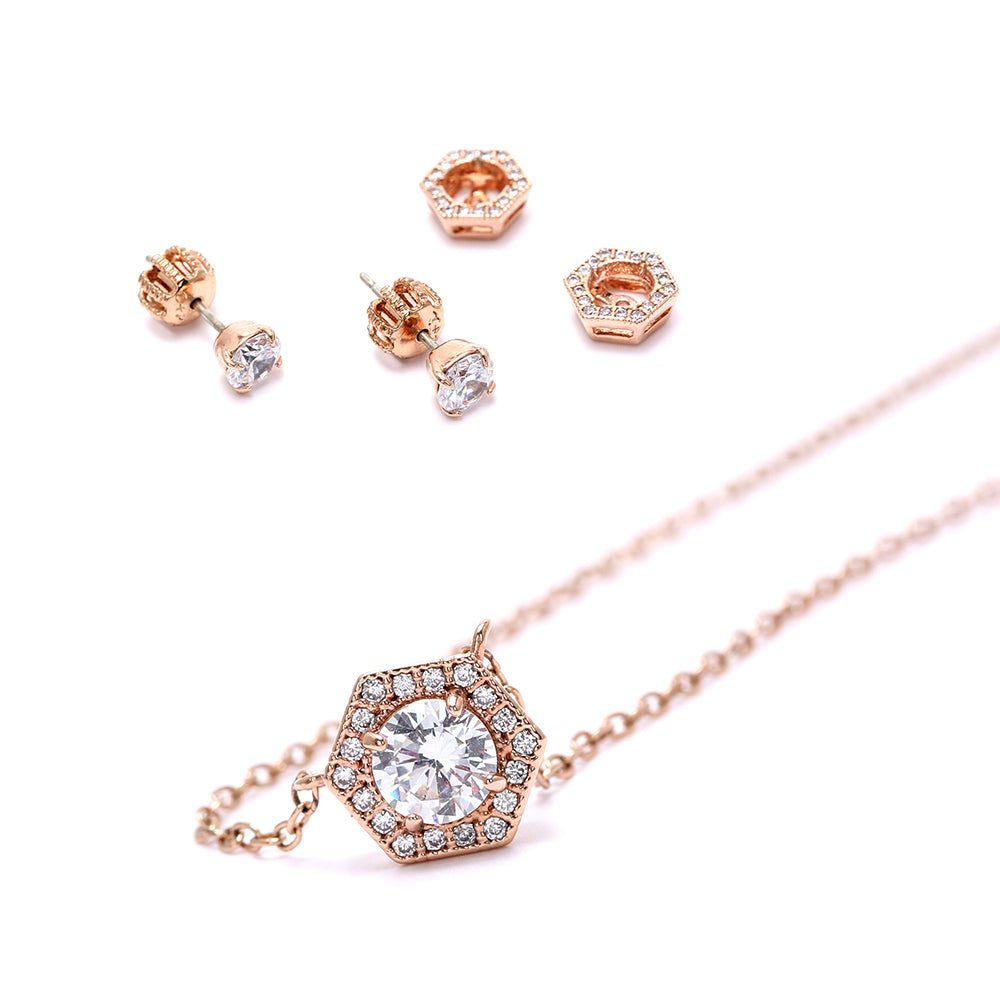 Hexagonal Rose Gold - Plated Earring & Necklace Set with Sparkling Cubic Zirconia