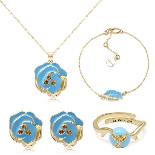 Blue Floral Jewelry Set - Gold - Plated Necklace, Bracelet, Earrings & Ring for Women
