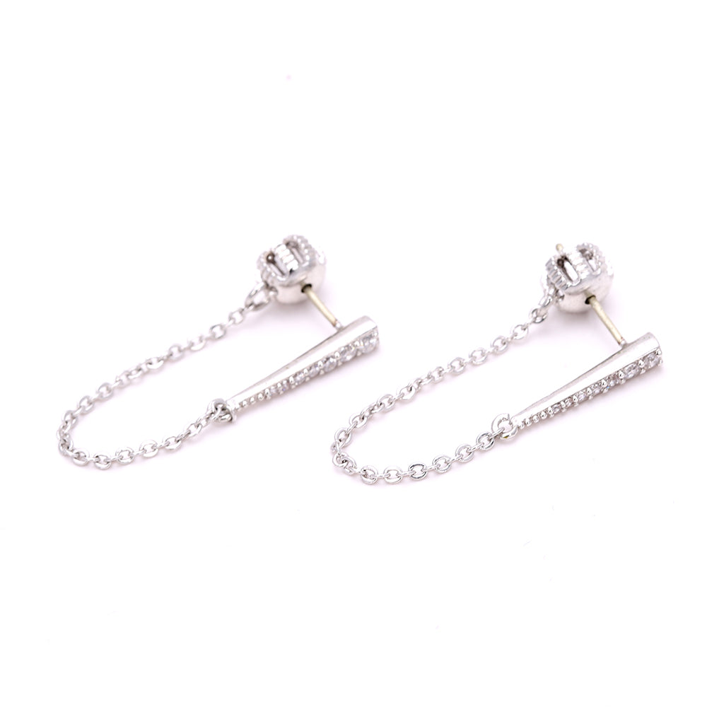 Silver Diamond Dangle Earrings with Chain Design
