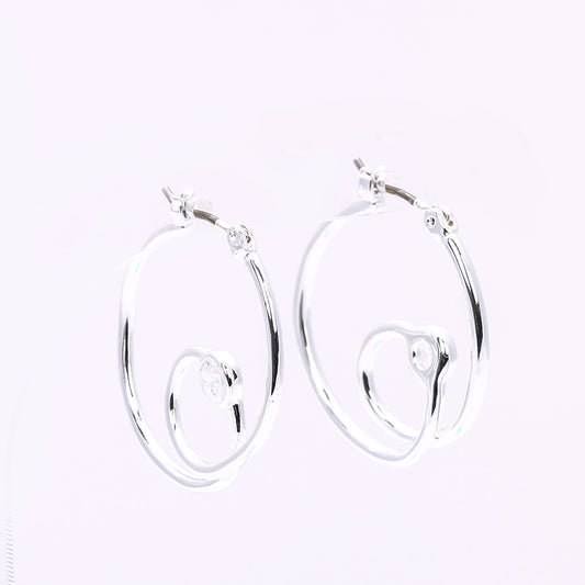 Silver Double - Hoop Earrings with Crystal Accent | Elegant Party Jewelry