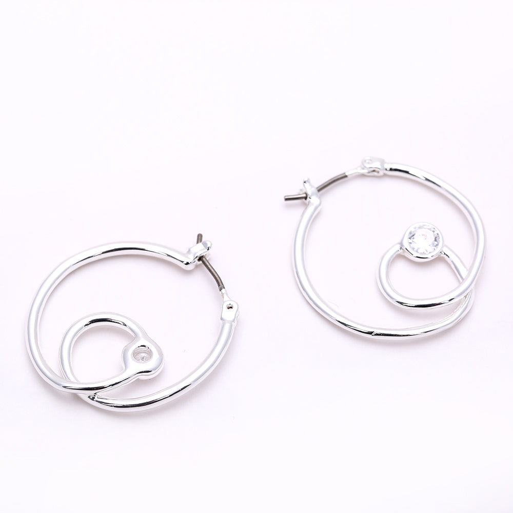 Silver Double - Hoop Earrings with Crystal Accent | Elegant Party Jewelry