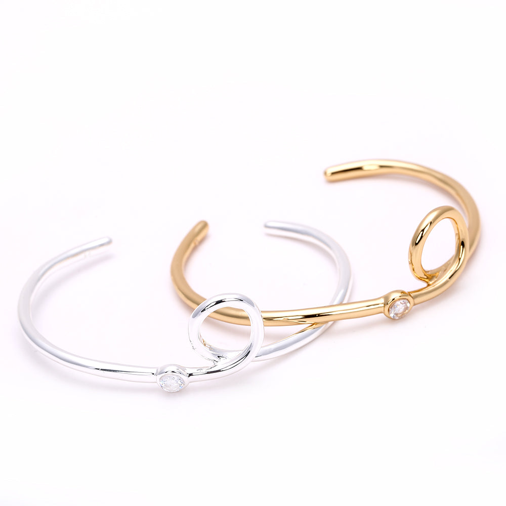 Minimalist Open Cuff Bracelet with Circle & Zircon Accent - Gold & Silver Styles