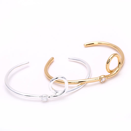 Minimalist Open Cuff Bracelet with Circle & Zircon Accent - Gold & Silver Styles