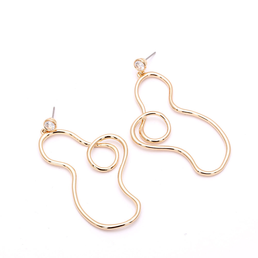 Gold Irregular Curved Drop Earrings with Zircon Accent