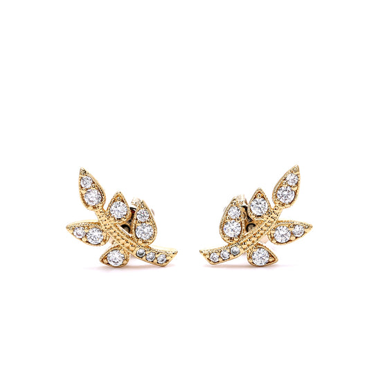 Gold - Plated Leaf - Shaped Stud Earrings with Sparkling Cubic Zirconia