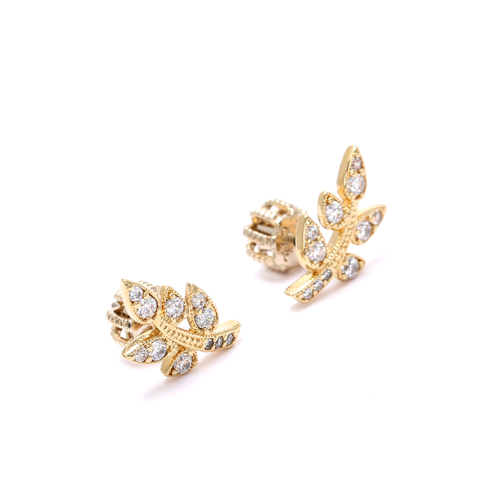 Gold - Plated Leaf - Shaped Stud Earrings with Sparkling Cubic Zirconia