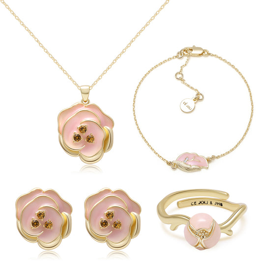 Pink Flower Jewelry Set - Gold - Plated Enamel Romantic Floral Design