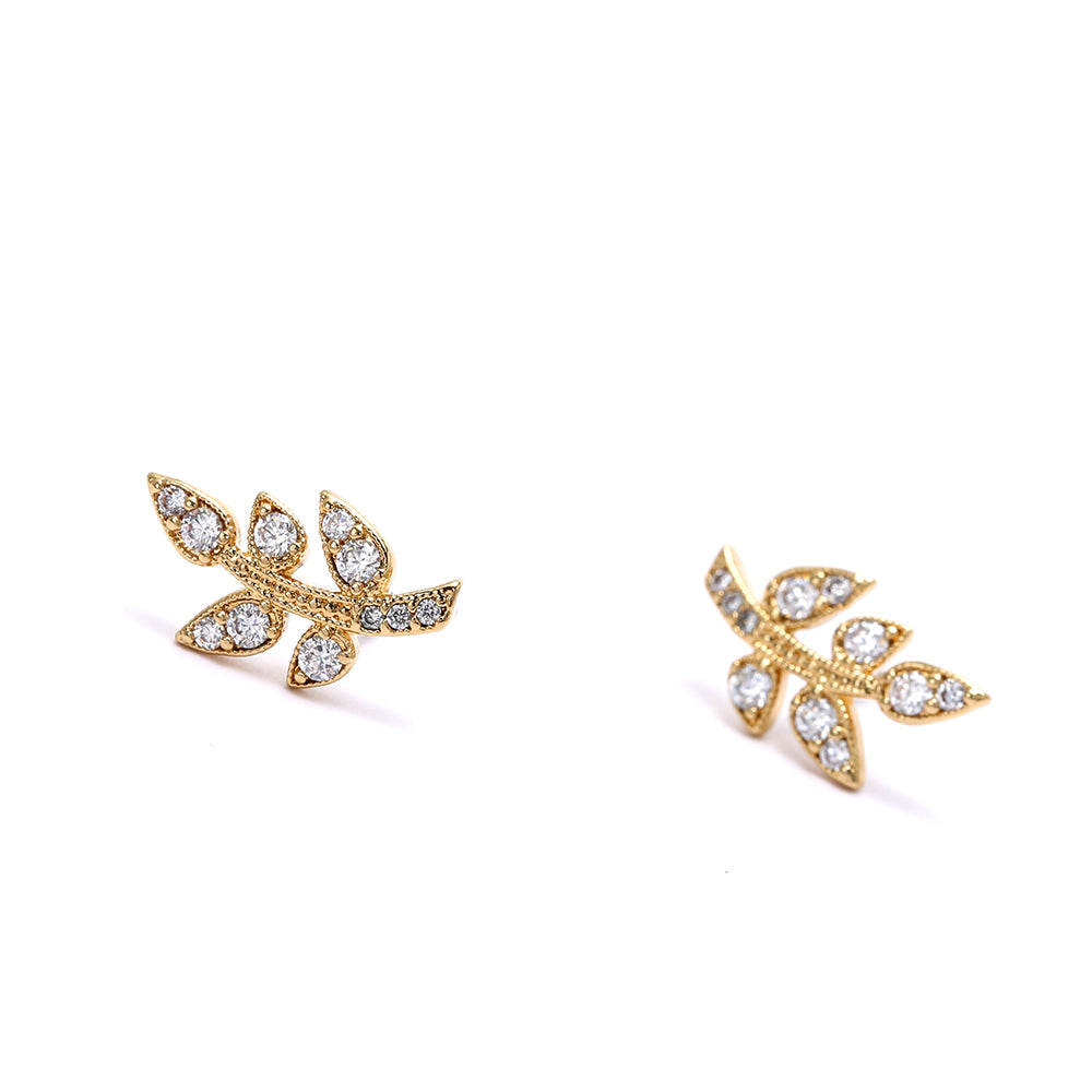 Gold - Plated Leaf - Shaped Stud Earrings with Sparkling Cubic Zirconia