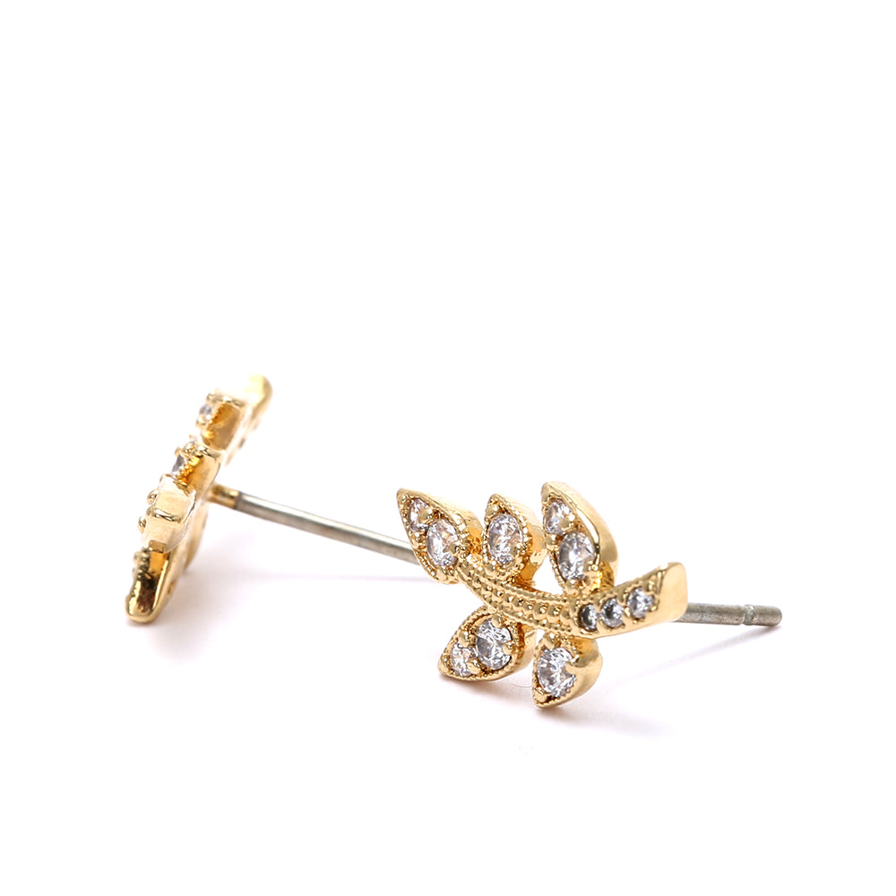 Gold - Plated Leaf - Shaped Stud Earrings with Sparkling Cubic Zirconia