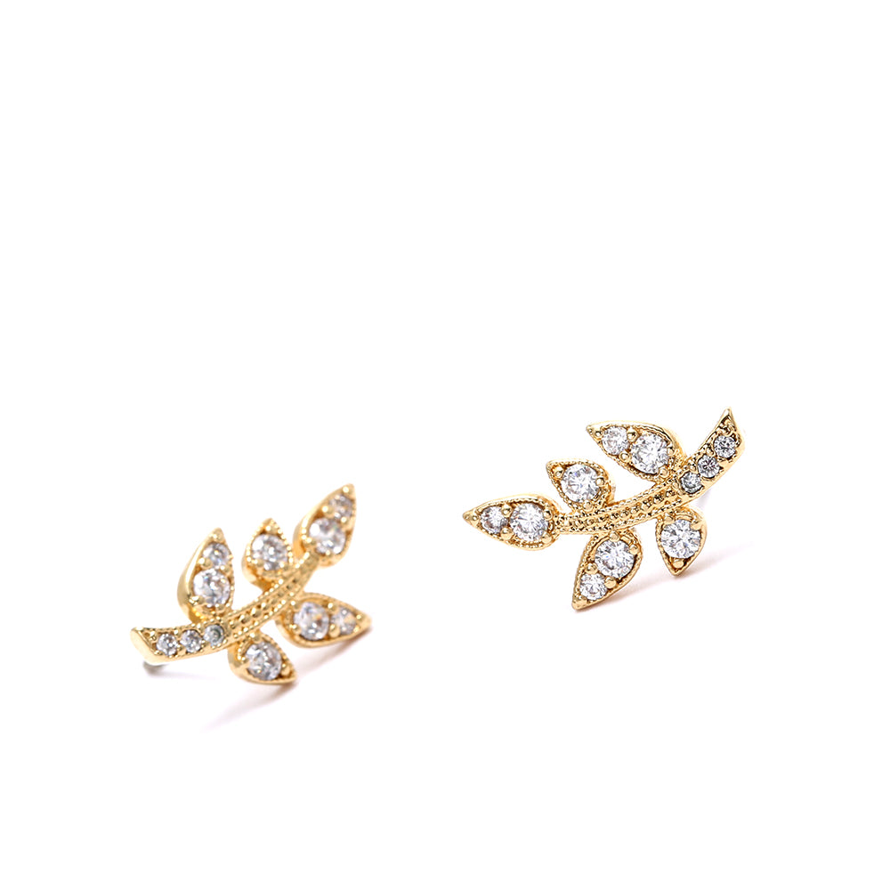 Gold - Plated Leaf - Shaped Stud Earrings with Sparkling Cubic Zirconia