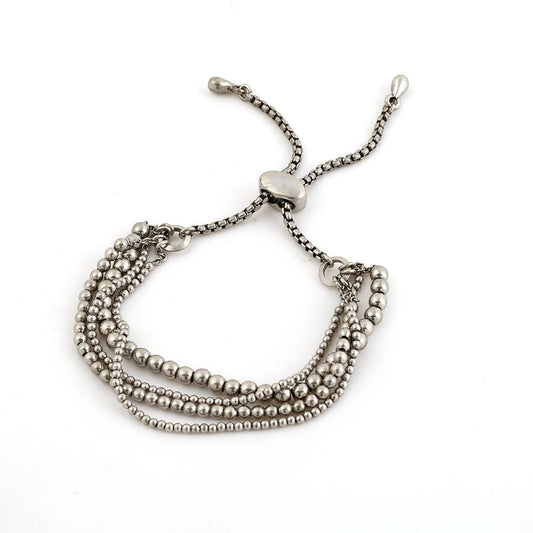 Bohemian Layered Silver Bead Bracelet - Adjustable Multi-Strand Handmade Jewelry