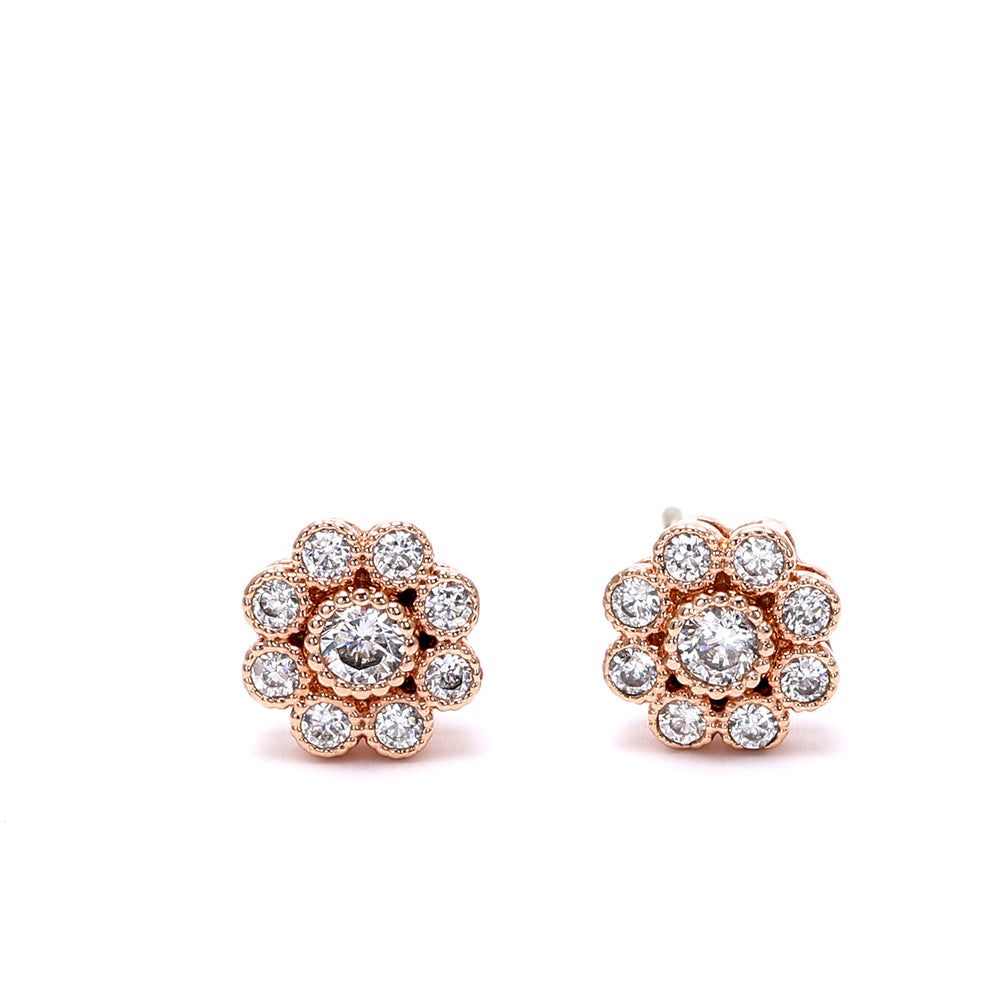 Rose Gold Plated Flower Stud Earrings with Sparkling Cubic Zirconia