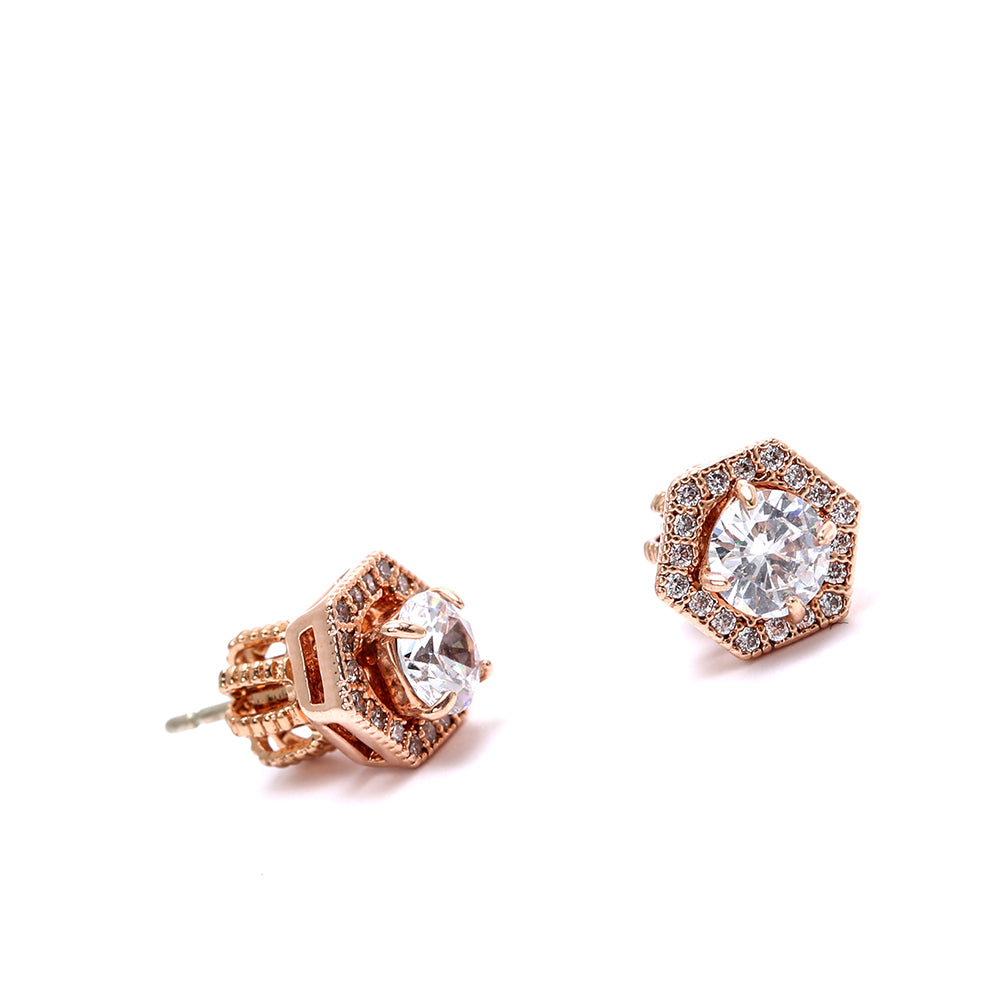 Hexagonal Rose Gold - Plated Stud Earrings with Sparkling Cubic Zirconia
