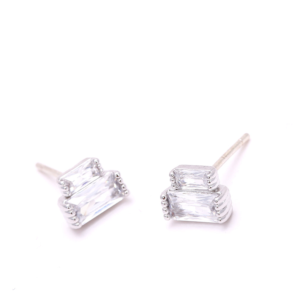 Double - Rectangle Zircon Silver - Plated Stud Earrings