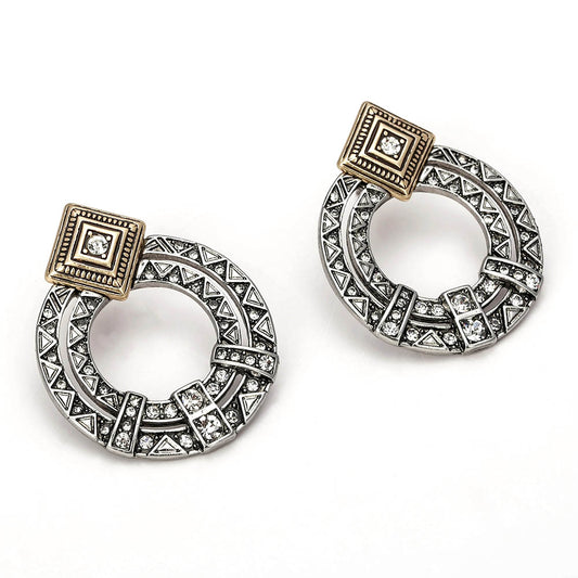Vintage Geometric Circle Earrings with Rhinestones - Two - Tone Square Accent Fashion Jewelry
